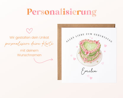 Personalisierte Geburtstagskarte zum 18. – Herztorte – Hinweis zur Personalisierung mit Wunschname