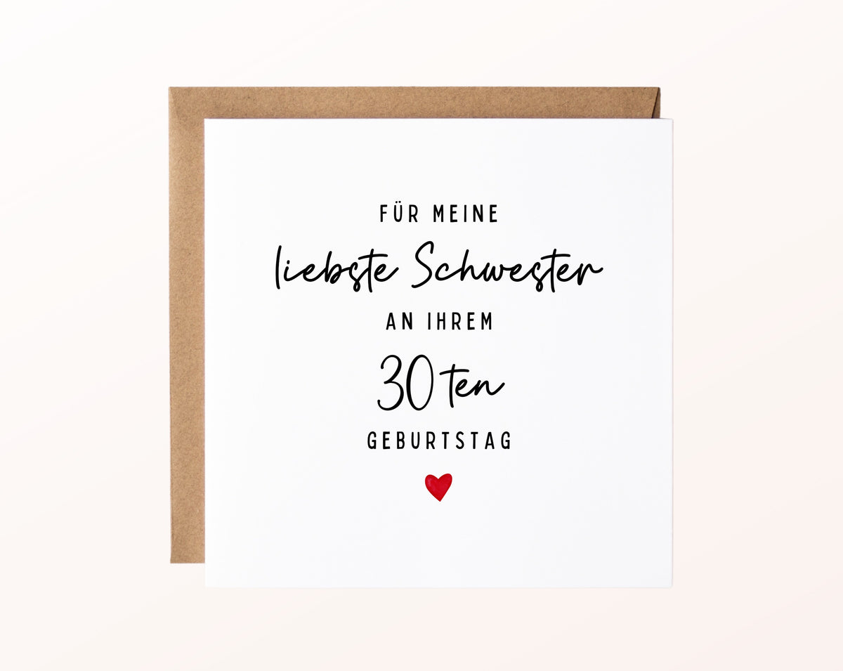 Geburtstagskarte zum 30. – Für meine liebste Schwester – mit Karte und Kraftpapierumschlag