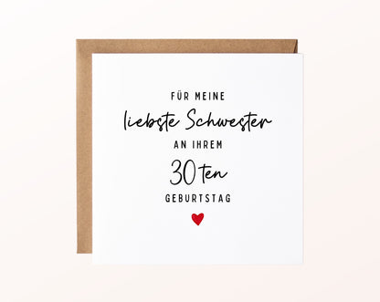 Geburtstagskarte zum 30. – Für meine liebste Schwester – mit Karte und Kraftpapierumschlag