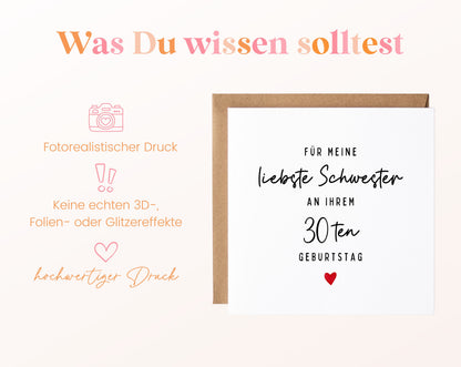 Geburtstagskarte zum 30. – Für meine liebste Schwester – Hinweise zu Druck und gedrucktem Motiv