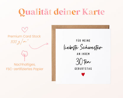 Geburtstagskarte zum 30. – Für meine liebste Schwester – Papierstärke und FSC-zertifiziertes Papier