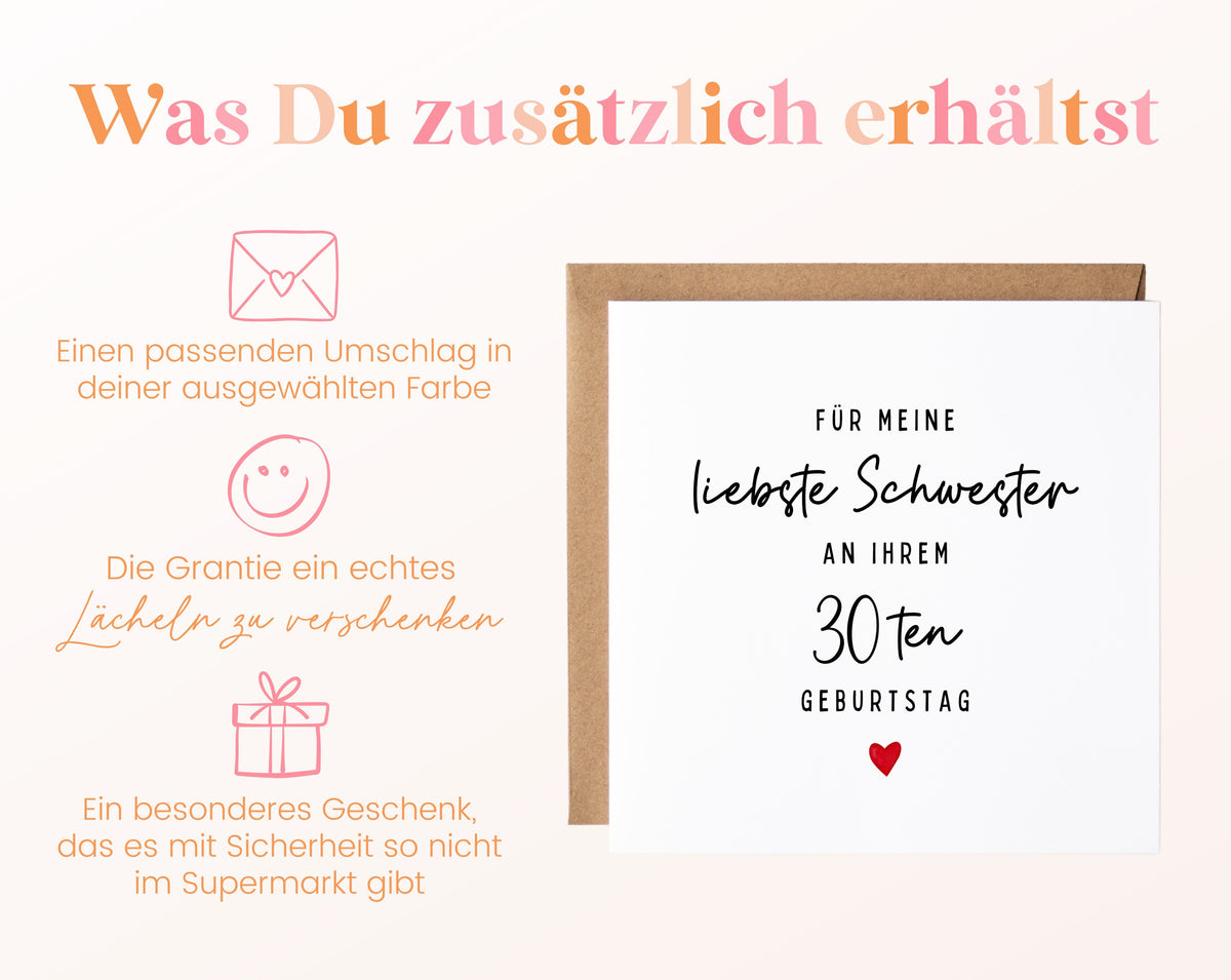 Geburtstagskarte zum 30. – Für meine liebste Schwester – Zusätzliche Produktinformationen