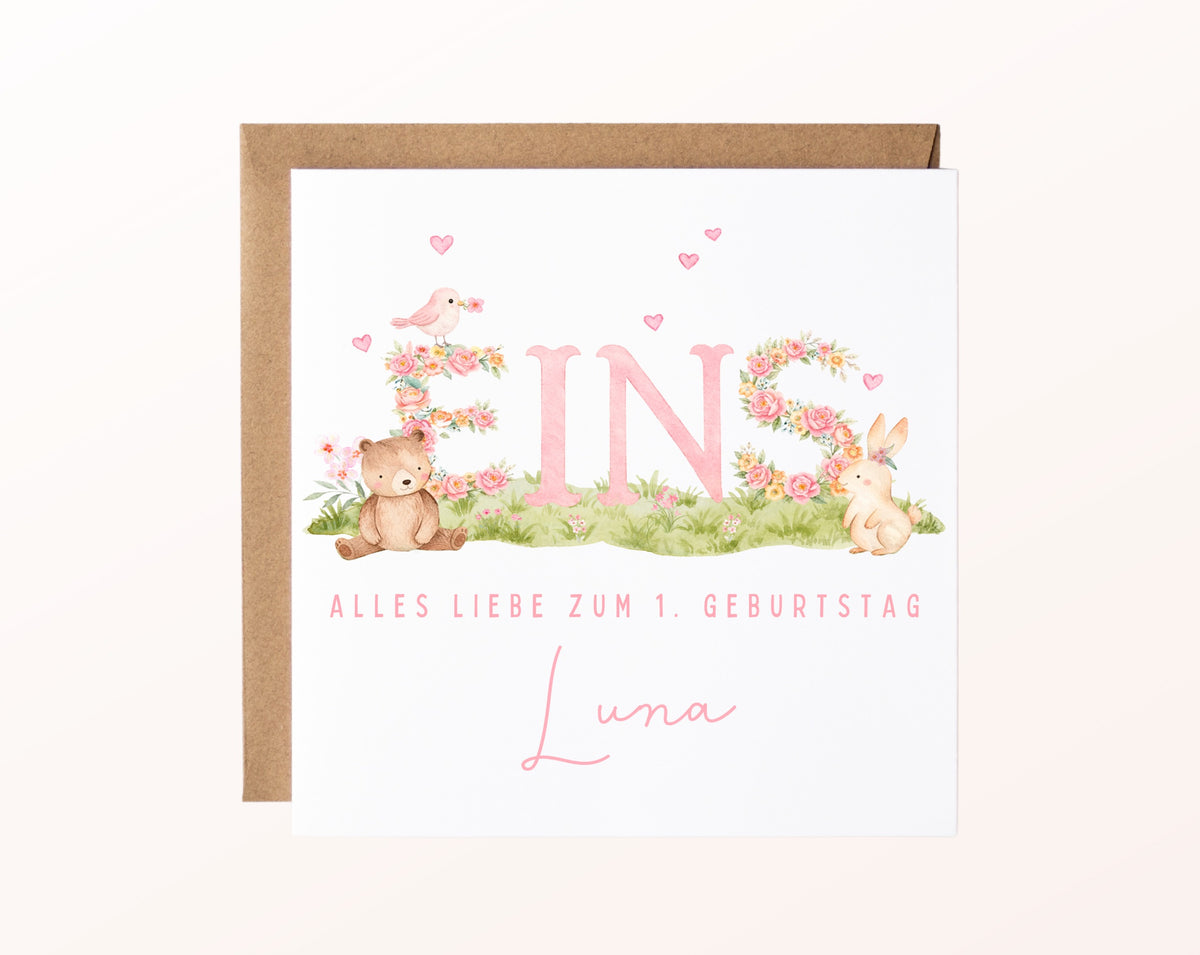 Personalisierte Karte zum 1. Geburtstag – Blumen & Waldtiere