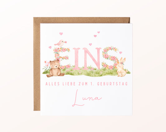 Personalisierte Karte zum 1. Geburtstag – Blumen & Waldtiere