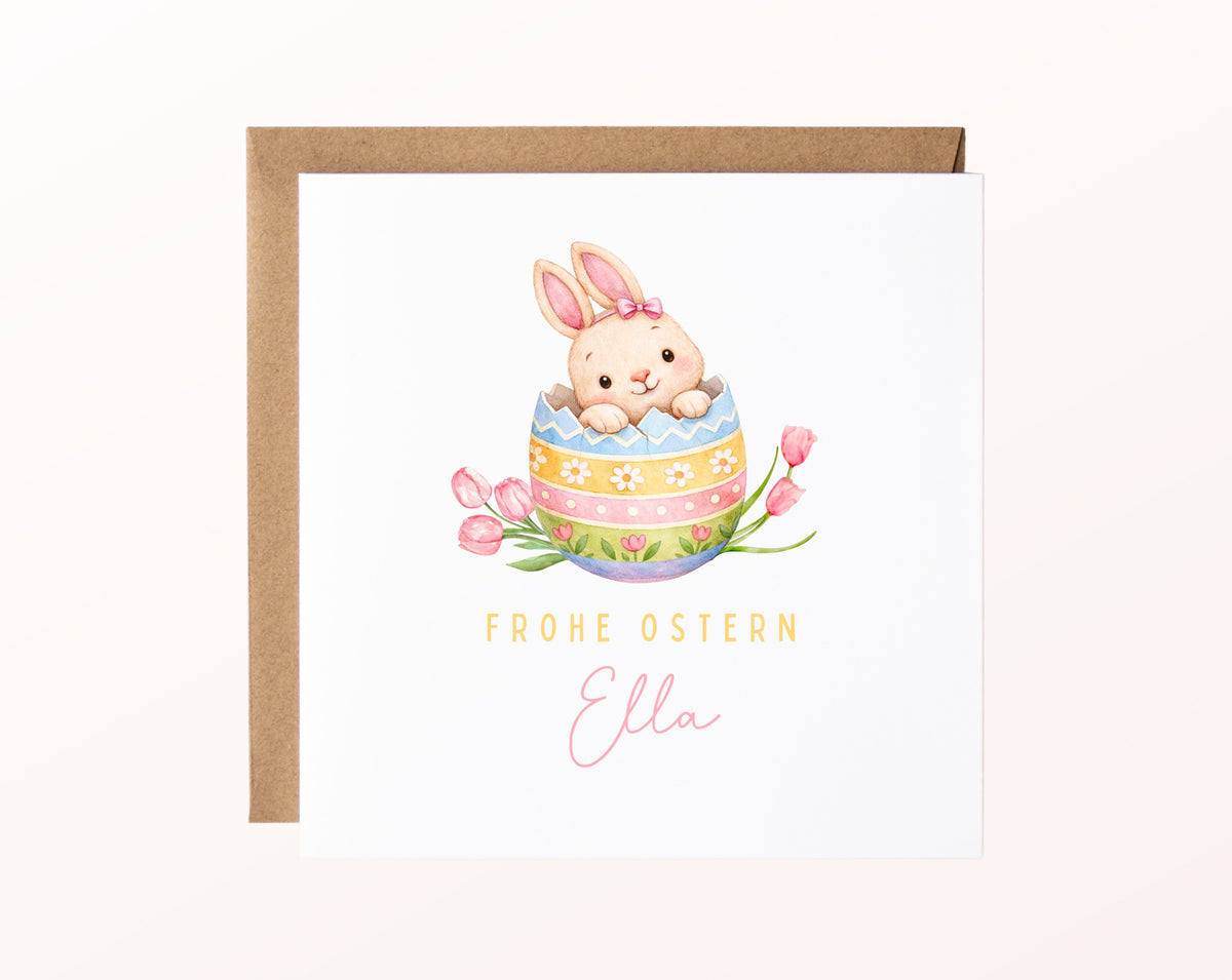 Personalisierte Osterkarte mit Hase im bunten Osterei und Wunschname Ella