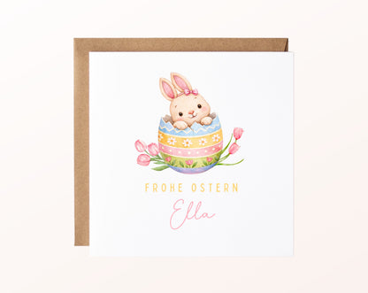 Personalisierte Osterkarte mit Hase im bunten Osterei und Wunschname Ella