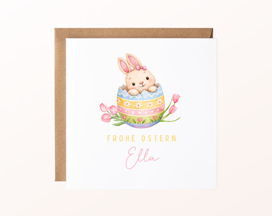 Personalisierte Osterkarte mit Hase im bunten Osterei und Wunschname Ella