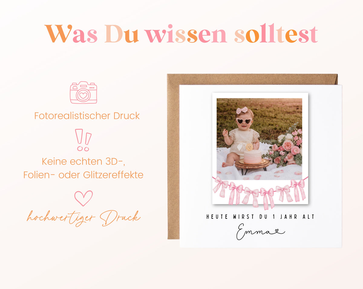 Fotokarte zum 1. Geburtstag – Schleifengirlande Rosa – 03 wissen