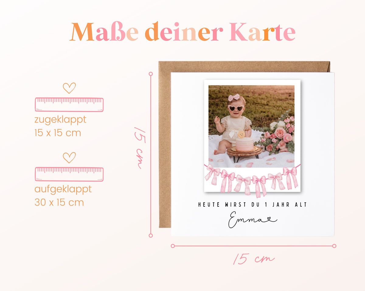 Fotokarte zum 1. Geburtstag – Schleifengirlande Rosa – 04 masse