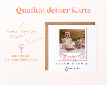 Fotokarte zum 1. Geburtstag – Schleifengirlande Rosa – 05B qualitaet 300