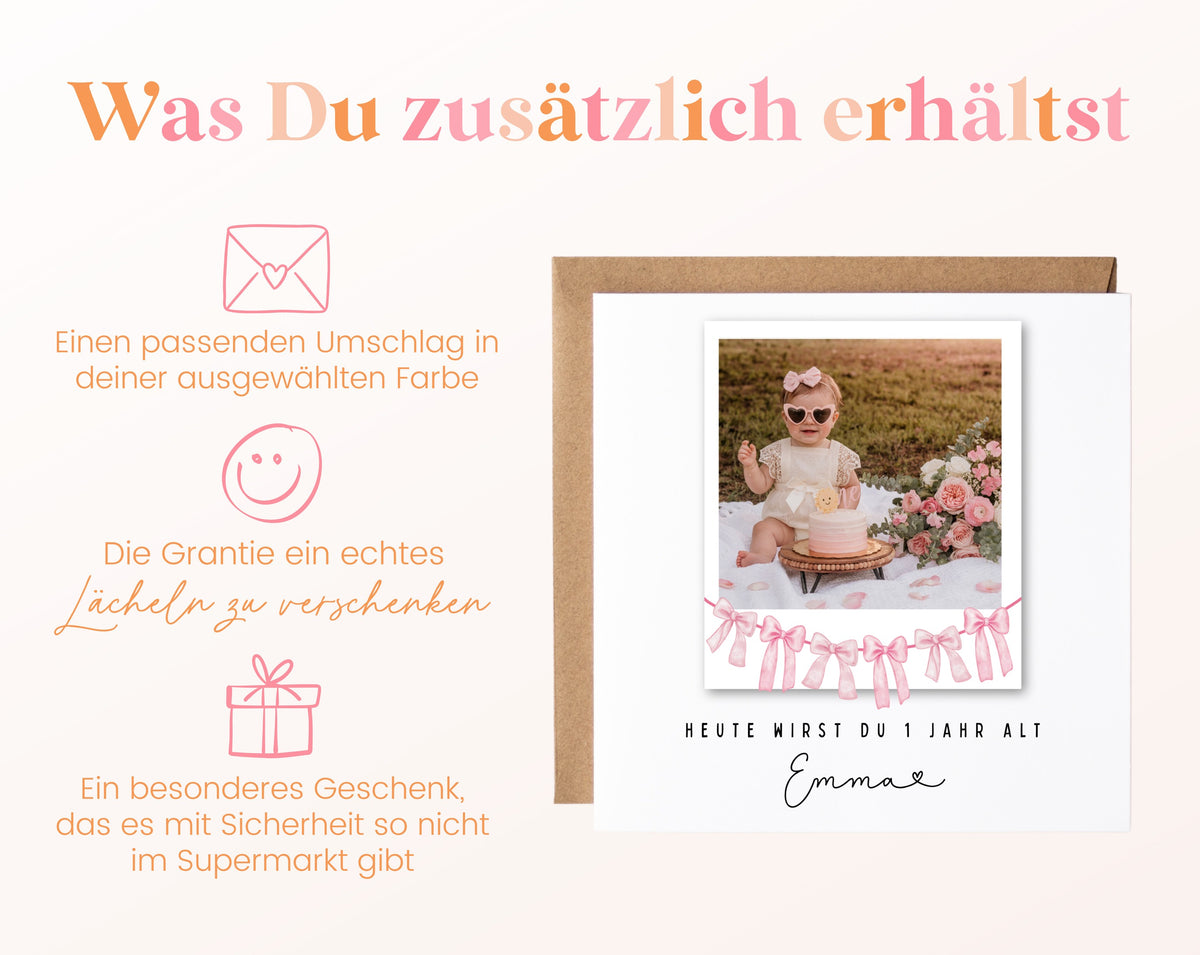 Fotokarte zum 1. Geburtstag – Schleifengirlande Rosa – 06 zusaetzlich