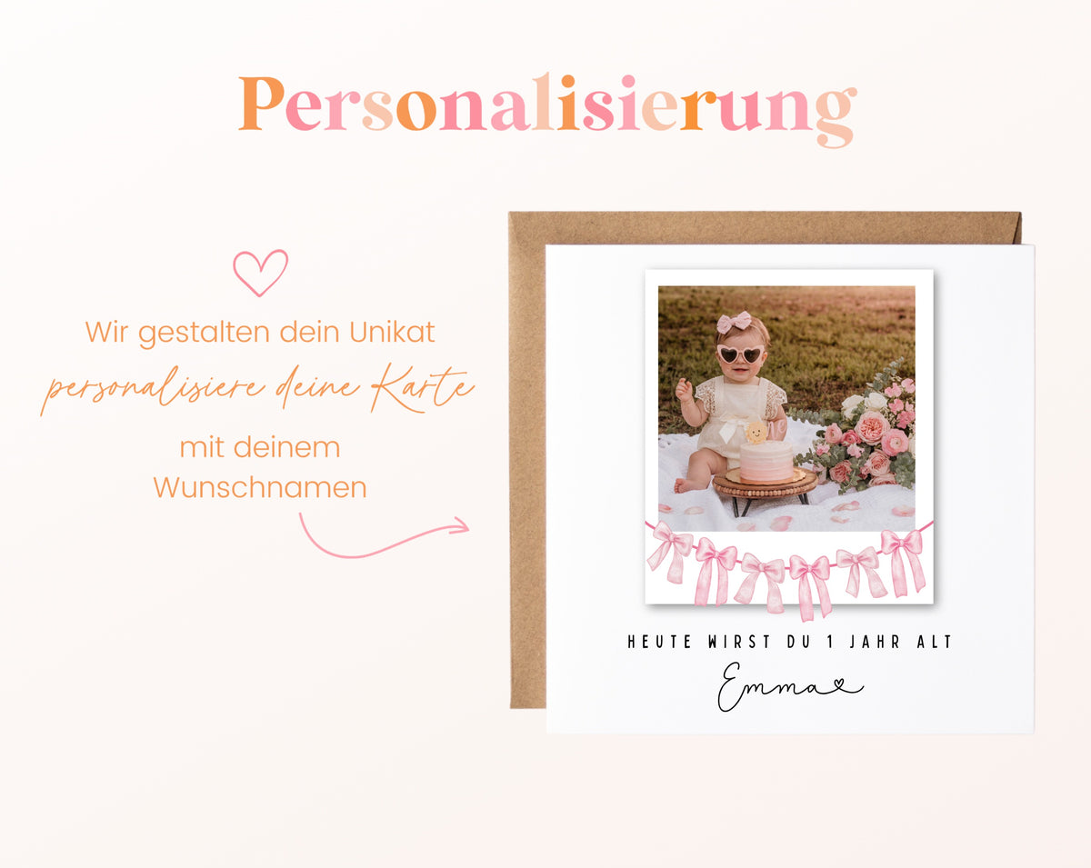 Fotokarte zum 1. Geburtstag – Schleifengirlande Rosa – 08 perso ein wunschname