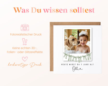 Fotokarte zum 1. Geburtstag – Schleifengirlande Salbeigrün – 03 wissen