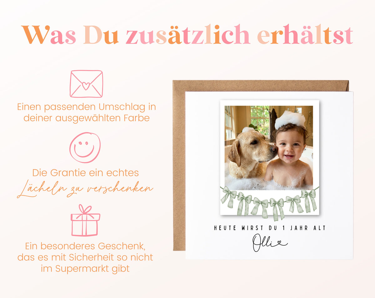 Fotokarte zum 1. Geburtstag – Schleifengirlande Salbeigrün – 06 zusaetzlich