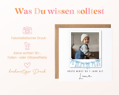 Fotokarte zum 1. Geburtstag – Schleifengirlande Hellblau – 03 wissen