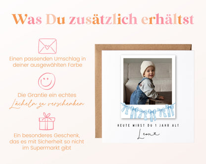 Fotokarte zum 1. Geburtstag – Schleifengirlande Hellblau – 06 zusaetzlich
