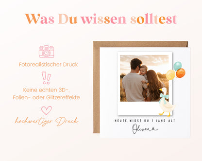 Fotokarte zum 1. Geburtstag – Gans und Ballons – 03 wissen