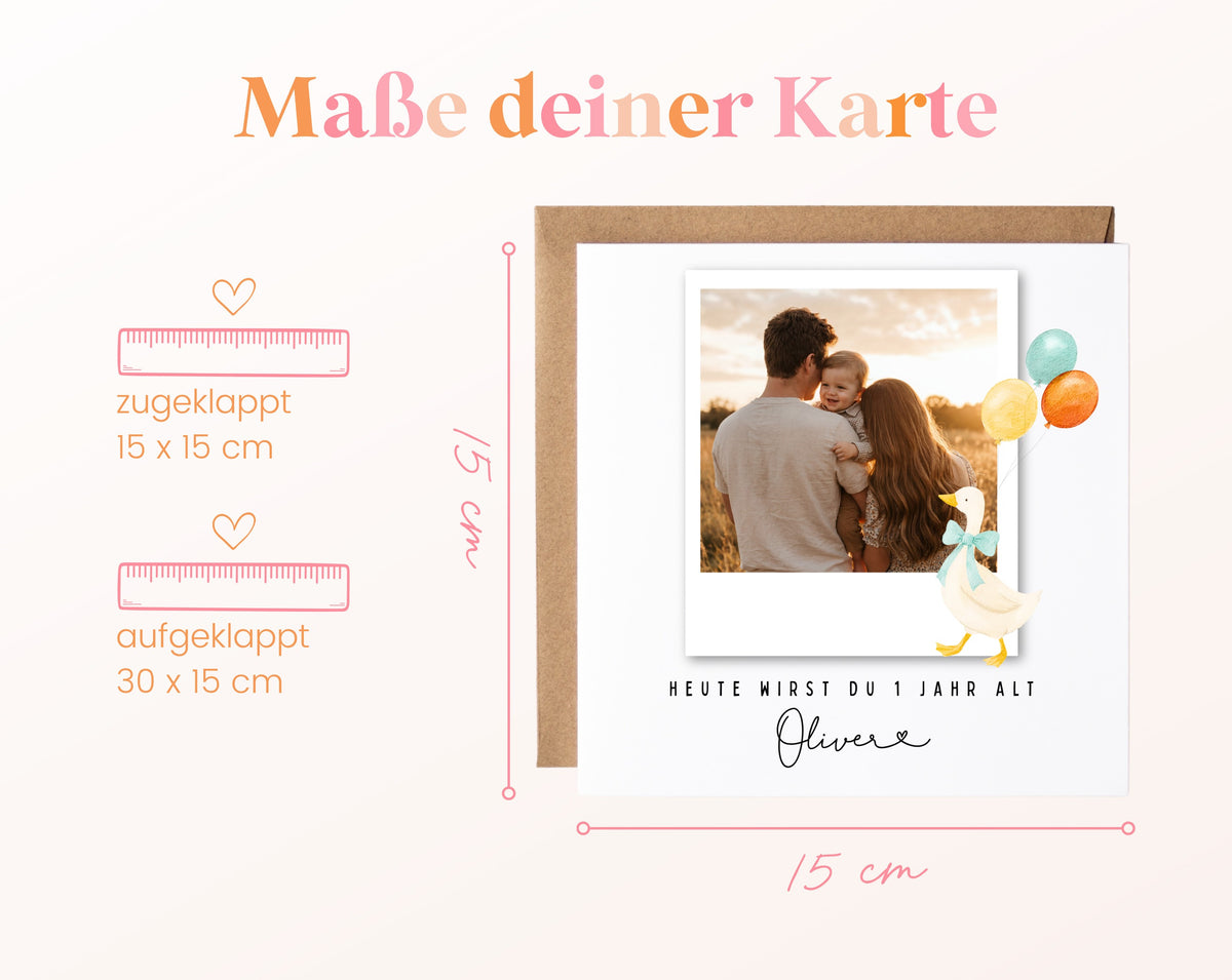 Fotokarte zum 1. Geburtstag – Gans und Ballons – 04 masse