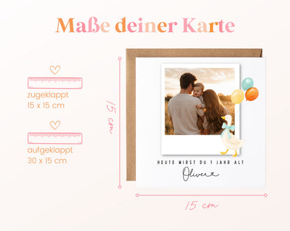 Fotokarte zum 1. Geburtstag – Gans und Ballons – 04 masse