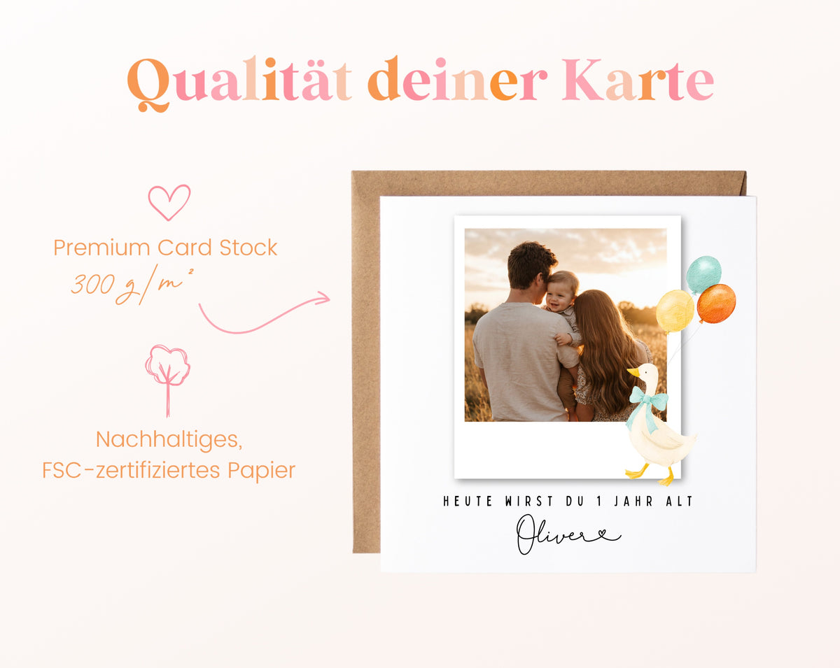 Fotokarte zum 1. Geburtstag – Gans und Ballons – 05B qualitaet 300