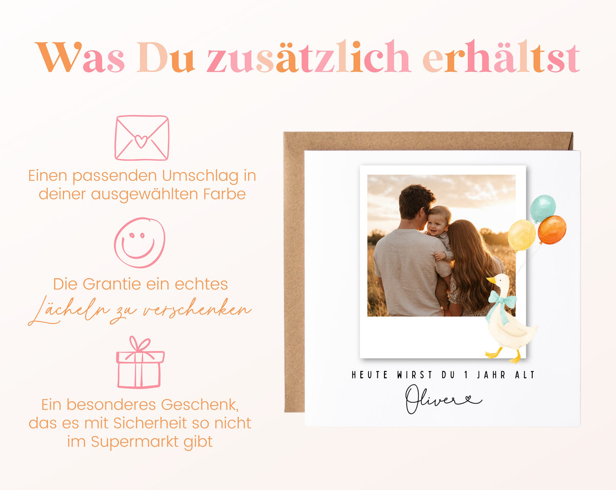 Fotokarte zum 1. Geburtstag – Gans und Ballons – 06 zusaetzlich
