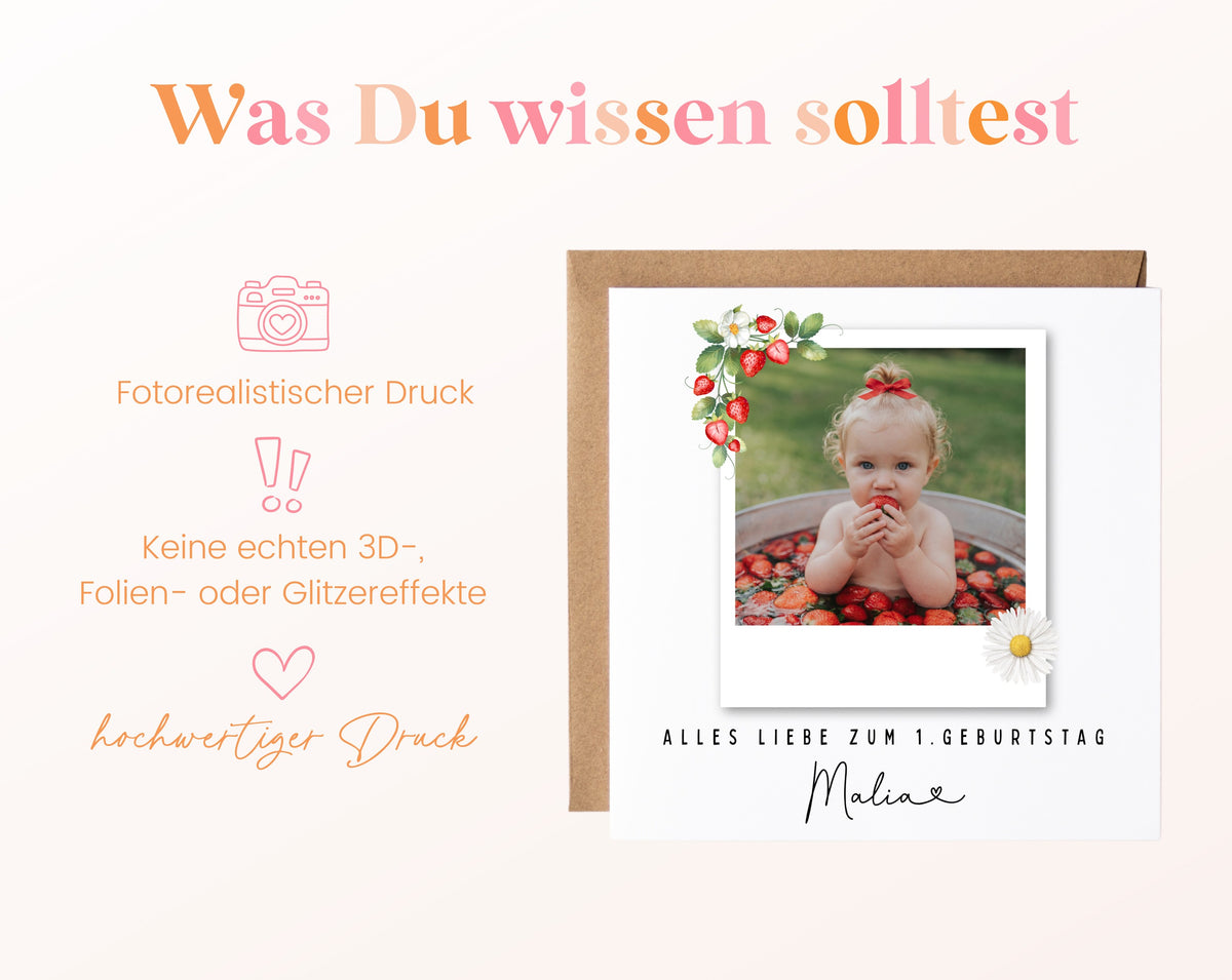 Fotokarte zum 1. Geburtstag – Erdbeeren – 03 wissen
