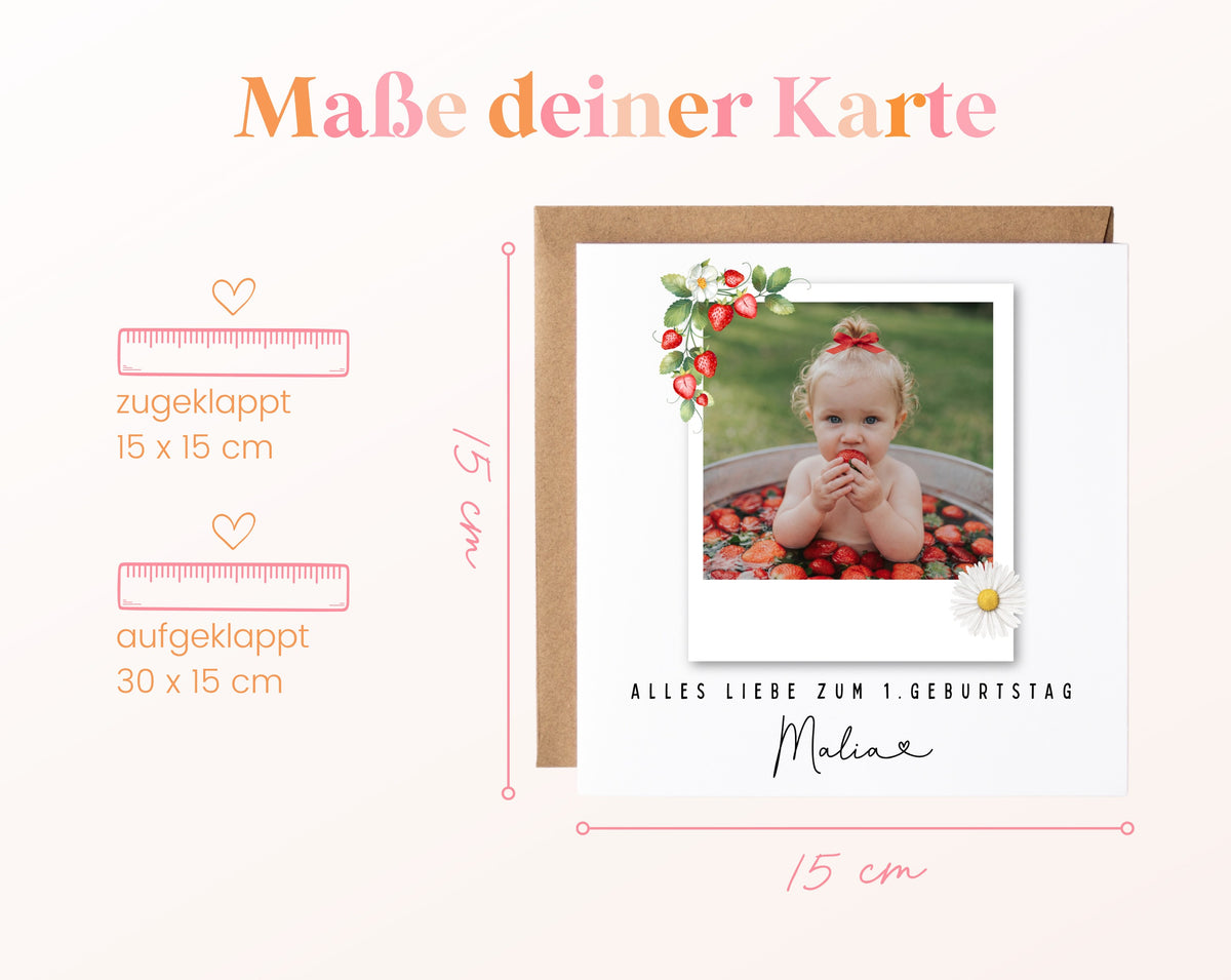 Fotokarte zum 1. Geburtstag – Erdbeeren – 04 masse