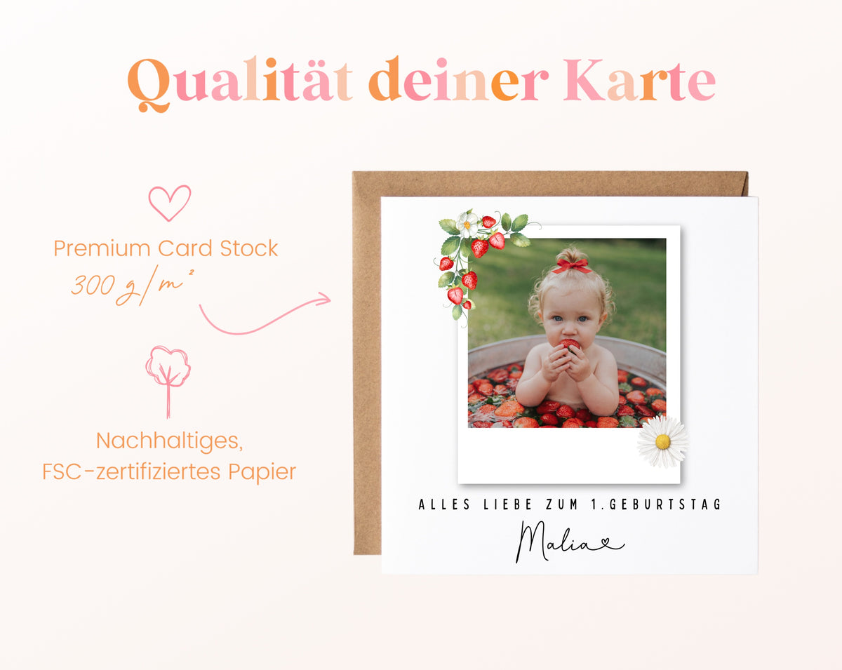 Fotokarte zum 1. Geburtstag – Erdbeeren – 05B qualitaet 300