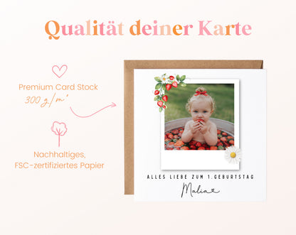 Fotokarte zum 1. Geburtstag – Erdbeeren – 05B qualitaet 300