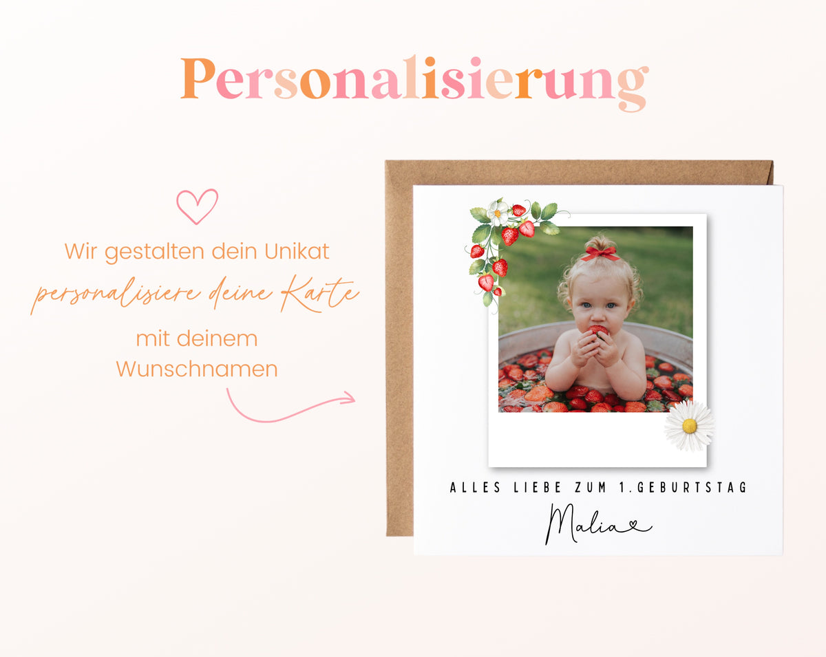 Fotokarte zum 1. Geburtstag – Erdbeeren – 08 perso ein wunschname