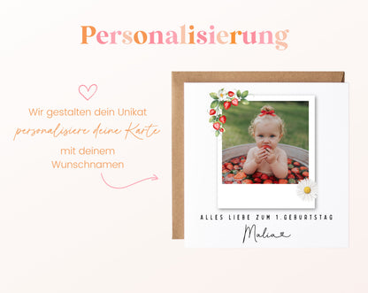 Fotokarte zum 1. Geburtstag – Erdbeeren – 08 perso ein wunschname