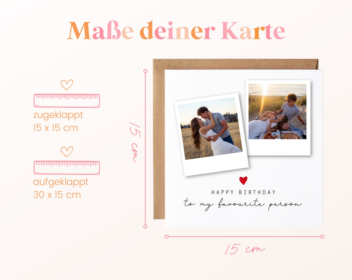 Geburtstags-Fotokarte mit zwei Polaroids – Maße der Klappkarte