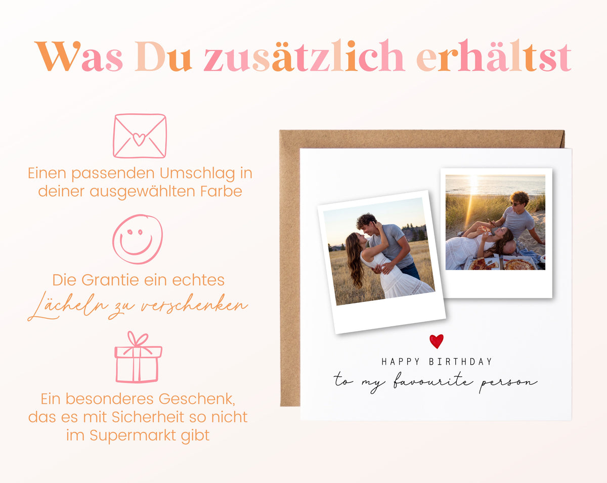 Geburtstags-Fotokarte mit zwei Polaroids – Details zur Karte