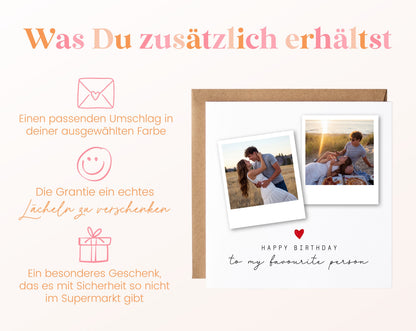 Geburtstags-Fotokarte mit zwei Polaroids – Details zur Karte