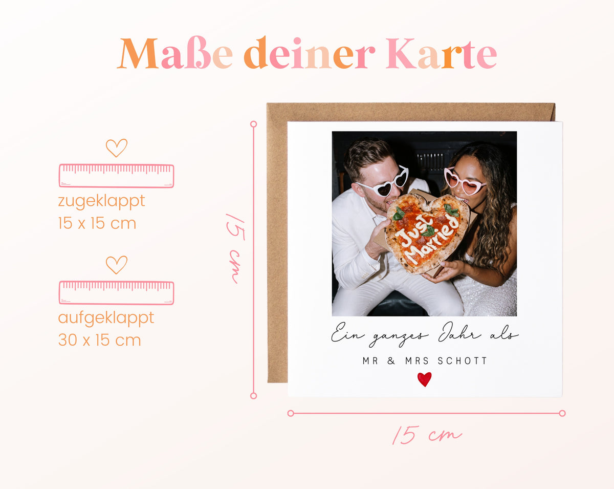 Fotokarte zum ersten Hochzeitstag – Maße der Klappkarte