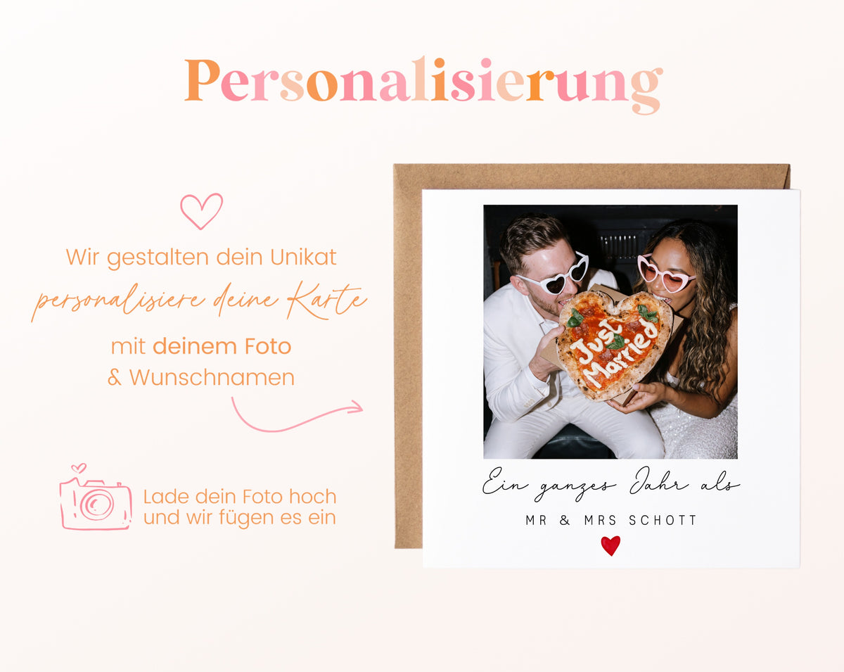 Fotokarte zum ersten Hochzeitstag – Foto und Wunschtext