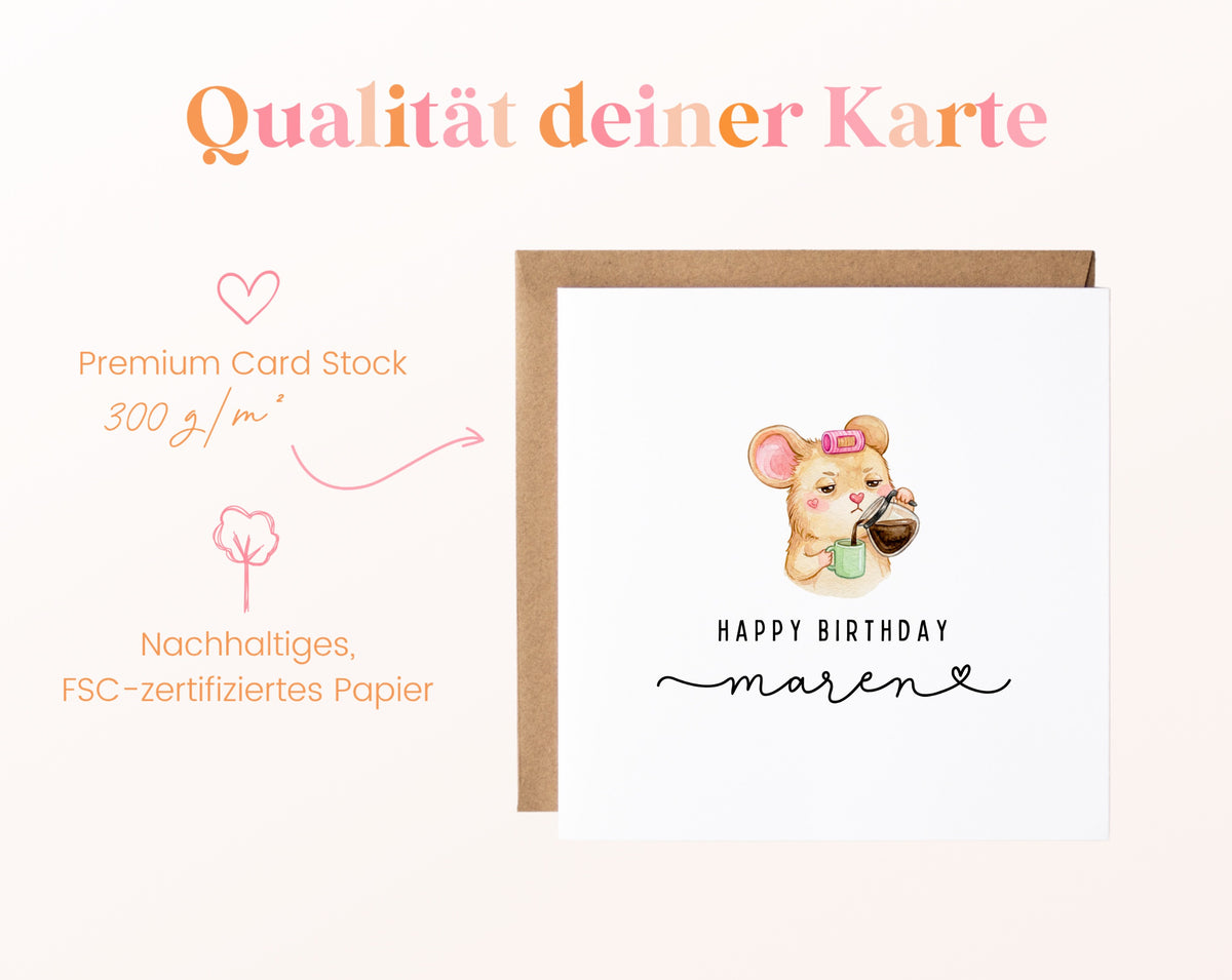Personalisierte Geburtstagskarte – Kaffee-Maus – Papierqualität
