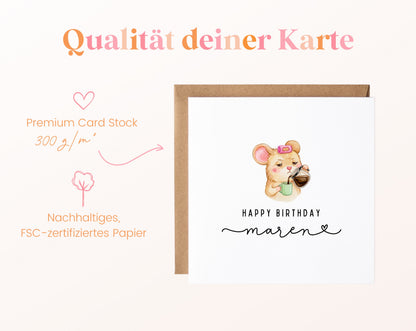 Personalisierte Geburtstagskarte – Kaffee-Maus – Papierqualität