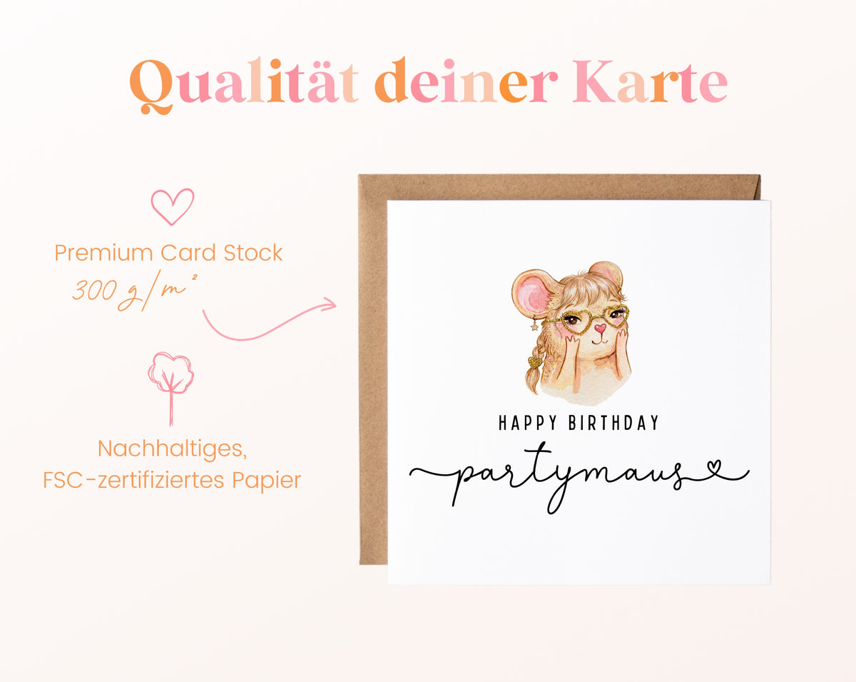 Geburtstagskarte – Partymaus – Papierqualität