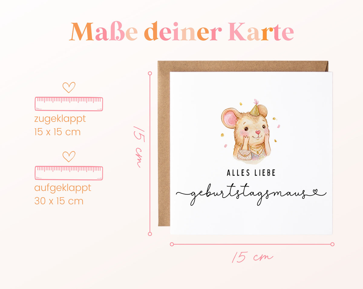 Geburtstagskarte – Geburtstagsmaus mit Schleife – Maße