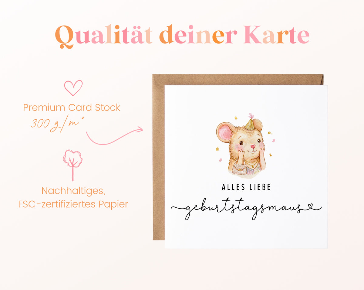 Geburtstagskarte – Geburtstagsmaus mit Schleife – Papierqualität