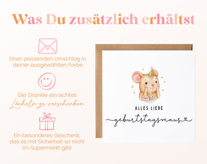 Geburtstagskarte – Geburtstagsmaus mit Schleife – Zusätzliche Informationen