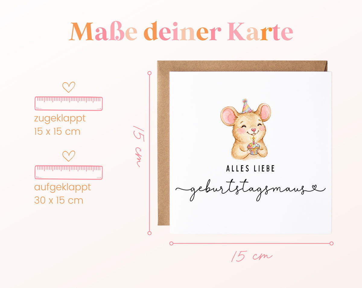 Geburtstagskarte – Geburtstagsmaus mit Partyhut – Maße