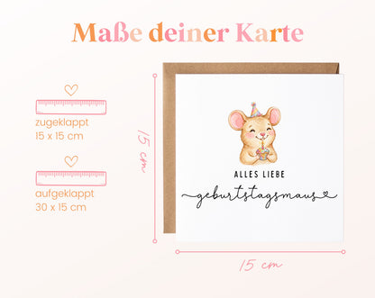 Geburtstagskarte – Geburtstagsmaus mit Partyhut – Maße