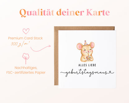 Geburtstagskarte – Geburtstagsmaus mit Partyhut – Papierqualität