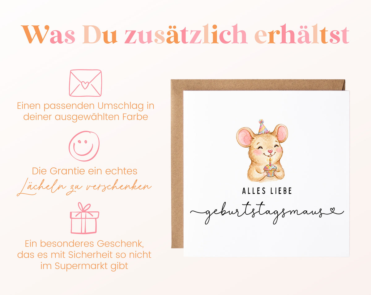 Geburtstagskarte – Geburtstagsmaus mit Partyhut – Zusätzliche Informationen