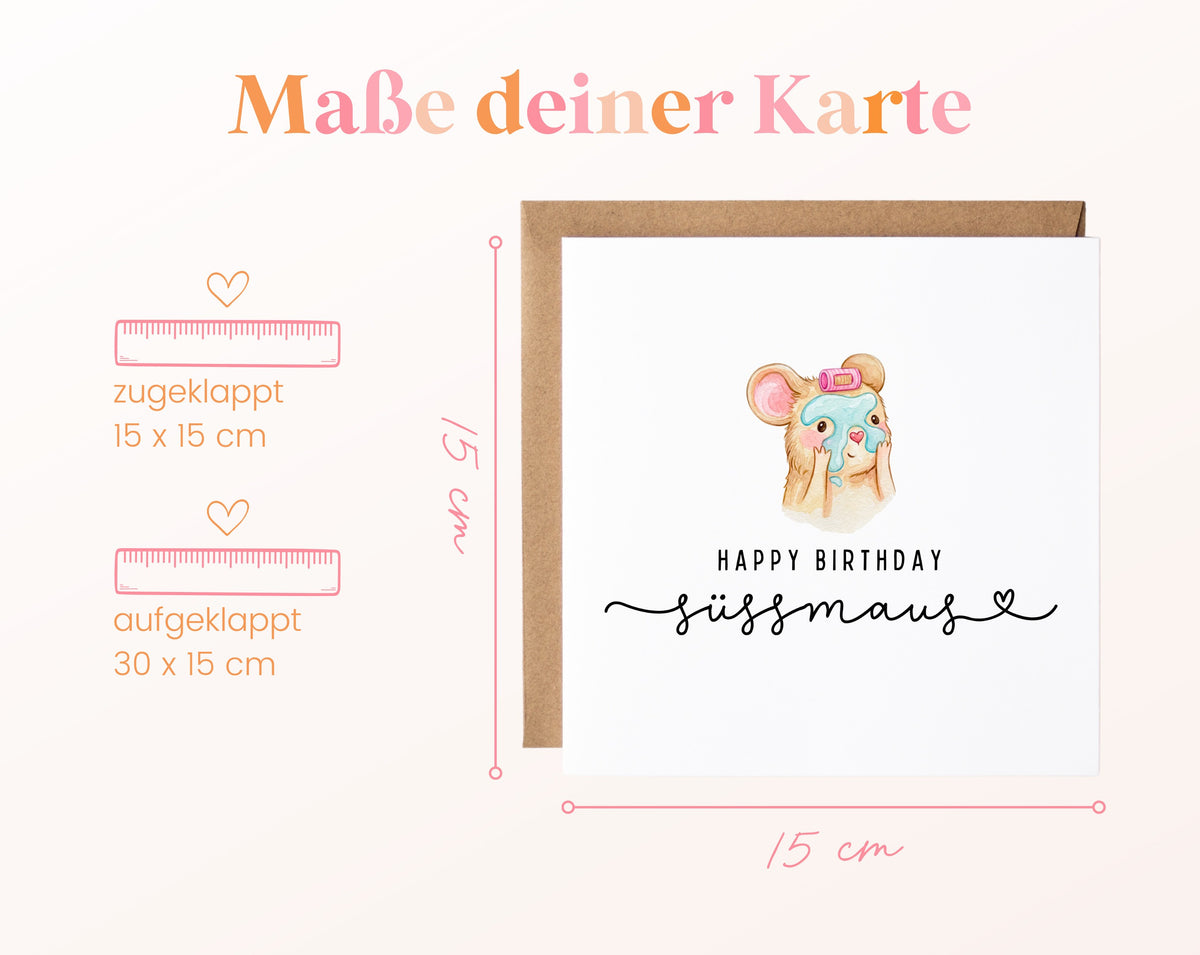 Geburtstagskarte – Süßmaus beim Wellness – Maße