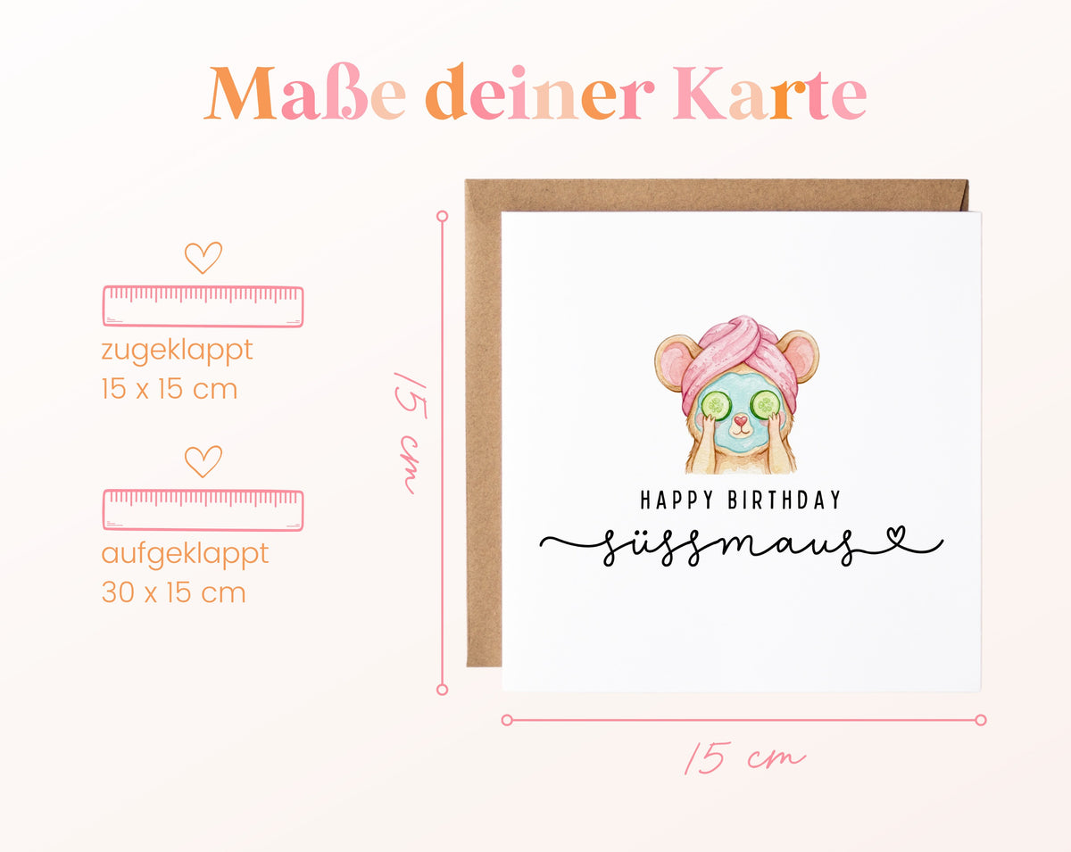 Geburtstagskarte – Süßmaus mit Handtuchturban – Maße