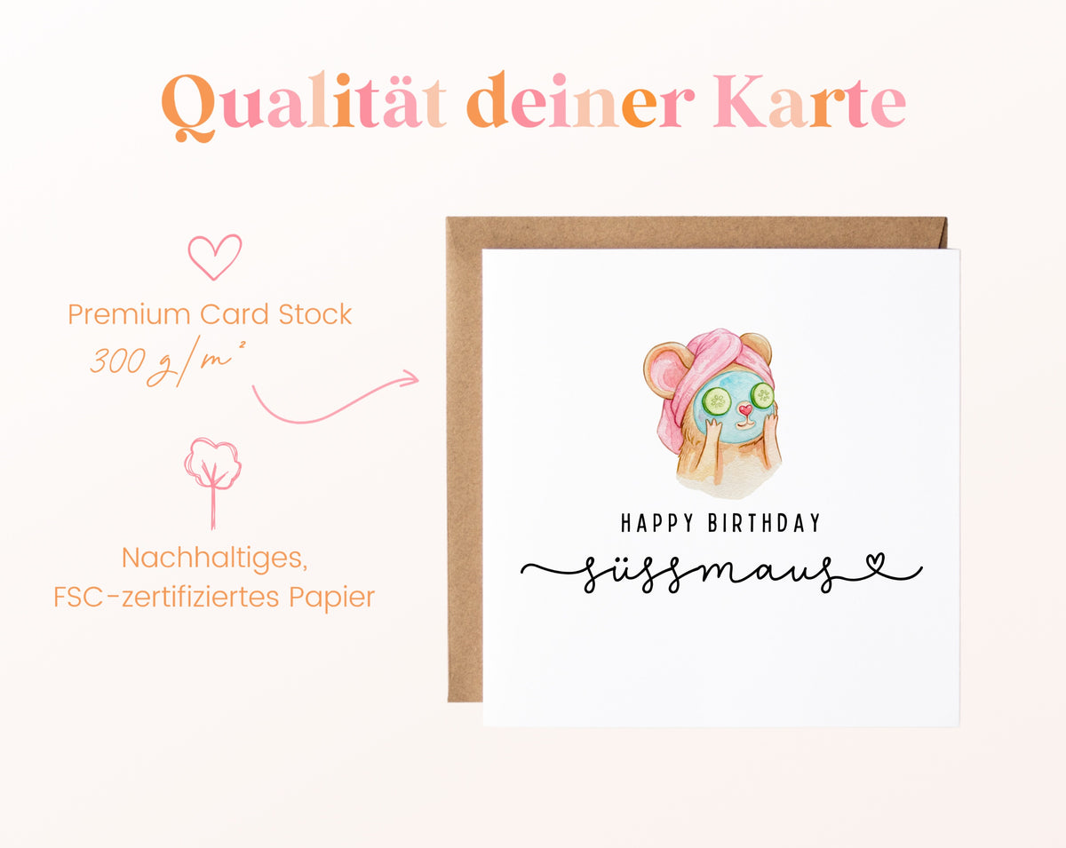 Geburtstagskarte – Süßmaus mit Gurkenmaske – Papierqualität
