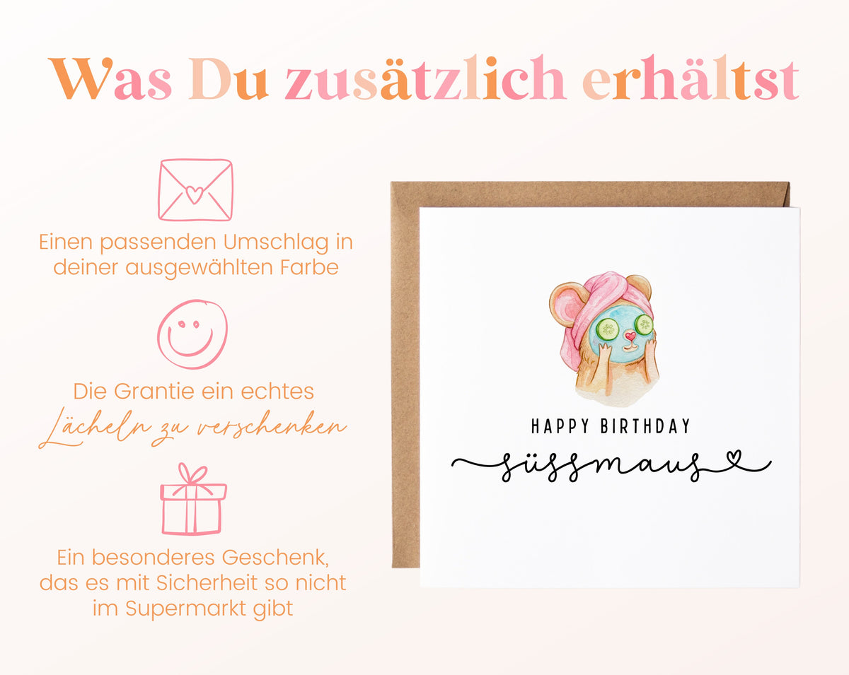 Geburtstagskarte – Süßmaus mit Gurkenmaske – Zusätzliche Informationen